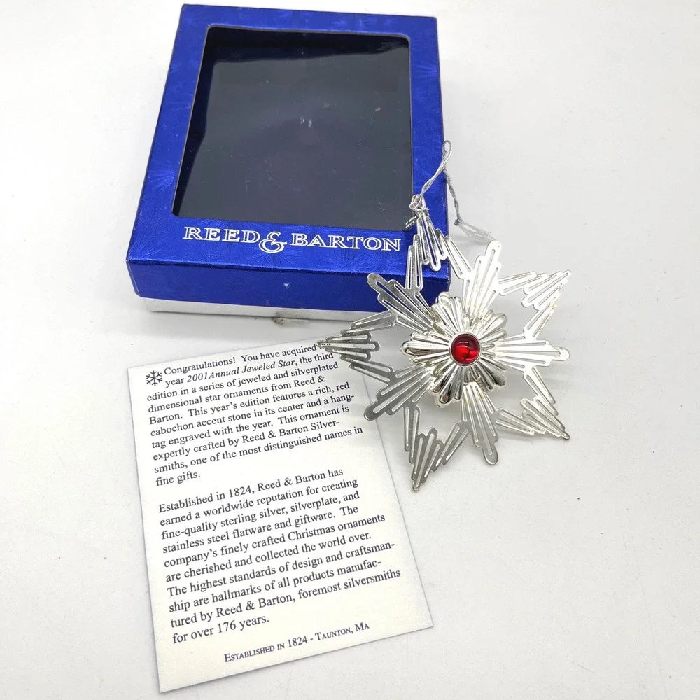 Reed & Barton 2001 Annual Jeweled Star Silverplated Christmas Ornament Red Stone